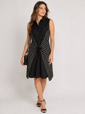 Ronen Chen US SZ 8 Sleeveless Button Front Shirt Dress Waist Wrap Black/Plaid